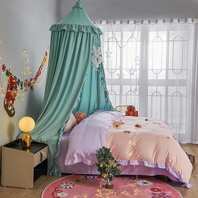 VETHIN Bed Canopy for Girls,Princess Round Dome Dreamy Mosquito Net Bedding Girls Room Castle Play Tent Hanging House Decor Reading Nook Canopies (Green)