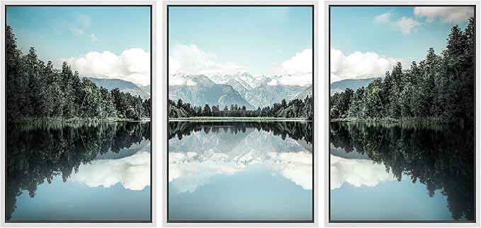 SIGNWIN Framed Canvas Print Wall Art Set Blue Pine Tree Forest Lake Reflection Nature Wilderness Photography Realism Decorative Scenic Rustic Chic for Living Room, Bedroom, Office - 16"x24"x3 White