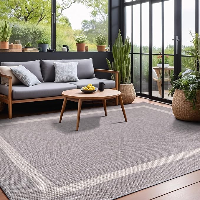 Bordered Outdoor Rug 6x9 Washable Outside Carpet for Indoor Patio Porch Waterproof Easy Cleaning Non Shedding Area Rugs Gray 6 x 9