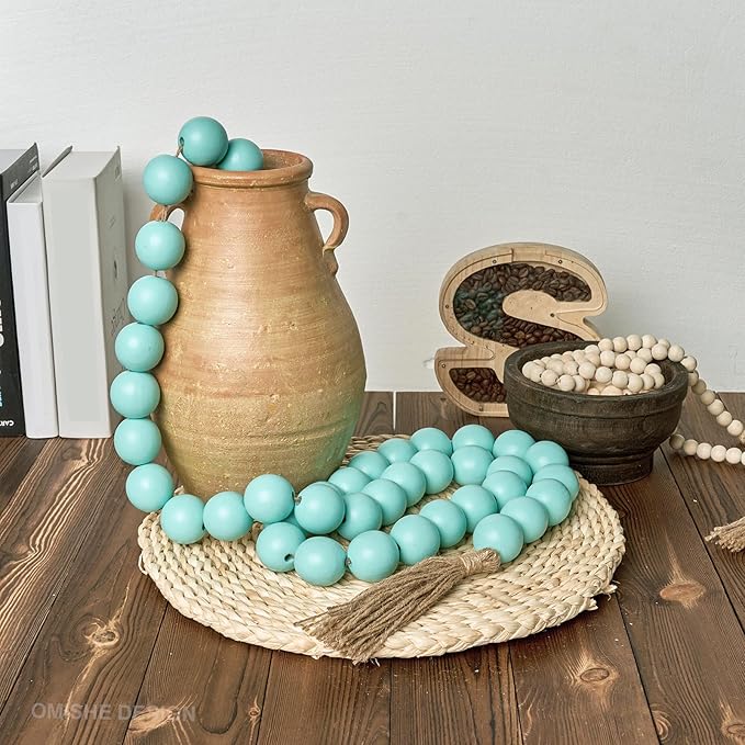 OMISHE 76" Long Extra Large Wood Bead Garland Aqua Teal with 1.6" Diameter Wooden Beads and Tassels, Rustic Farmhouse Country Decorative Beads for Home Decor, Aqua Teal
