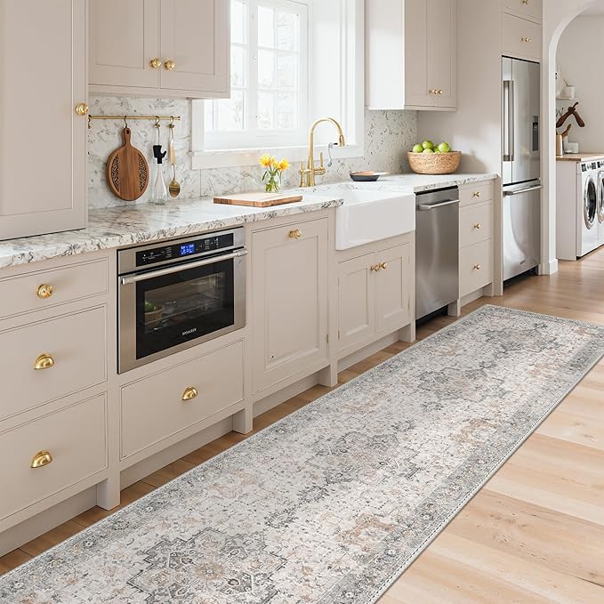 GENIMO Runner Rug 2'6''x12, Non Slip Vintage Hallway Runner Rugs, Low Pile Lightweight Machine Washable Mat for Hallway, Entryway, Bedroom, Kitchen and Corridor, Light Taupe Brown