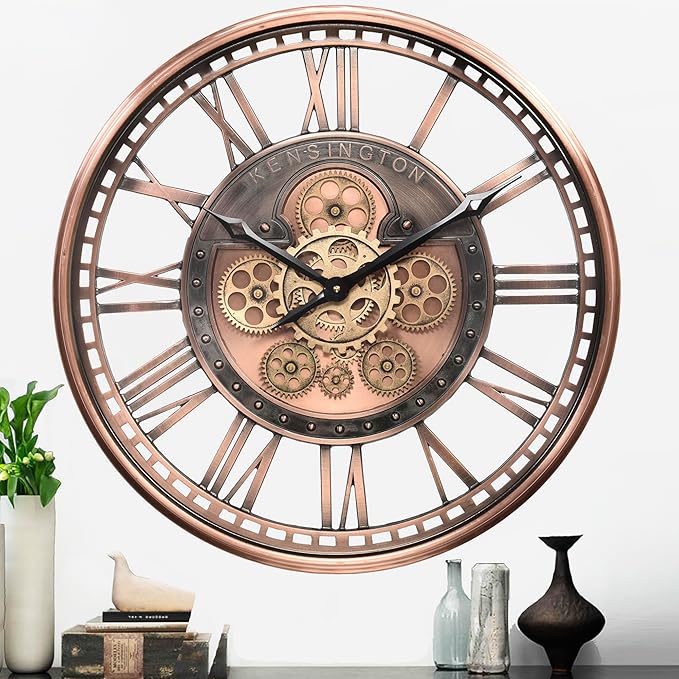 CLXEAST 21 Inch Large Roman Numeral Wall Clock with Moving Gears,Farmhouse Copper Rose Gold/Copper Metal Wall Clocks for Living Room Decor,House Warming Gifts New Home