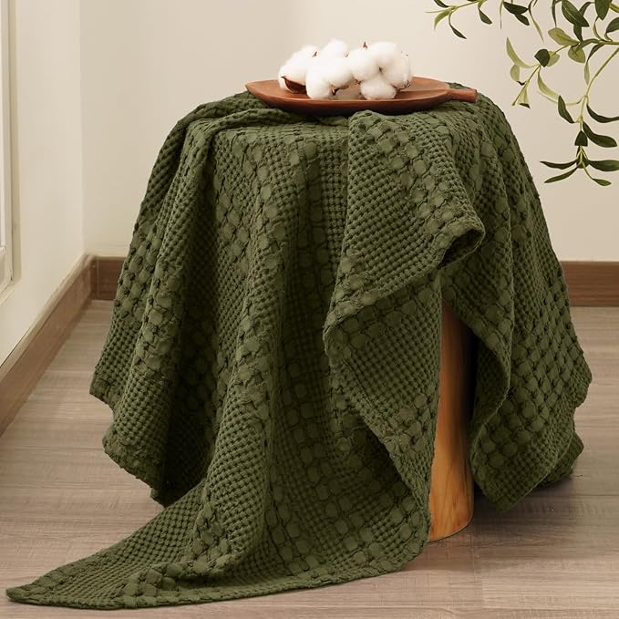 PHF 100% Cotton Waffle Weave Throw Blanket, Soft Lightweight Breathable Cozy Summer Throws for Couch Bed Sofa, Luxury Aesthetic Woven Blanket for Home Decor & Office, 50"x60", Capulet Olive