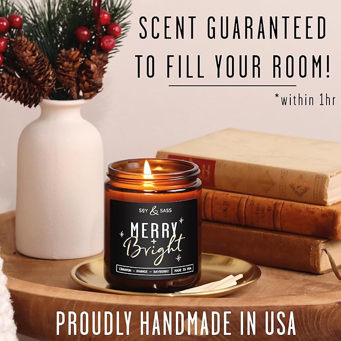 Christmas Candles Scented – ‘Merry & Bright’ Soy Christmas Candle, w/Cranberries, Cinnamon & Orange - Infused with Essential Oils I Holiday Candles I 9oz, 50Hr, Made in USA