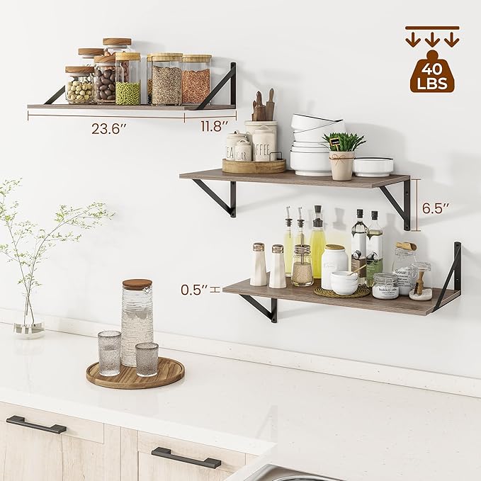 Heimlove 24" W x 12" D Wall Shelves for Books, 12 Inch Deep Floating Shelves Set of 3, Wide Floating Bookshelf with Metal Bracket for Living Room, Kitchen, Office, Bedroom and Decor Storage - Grey