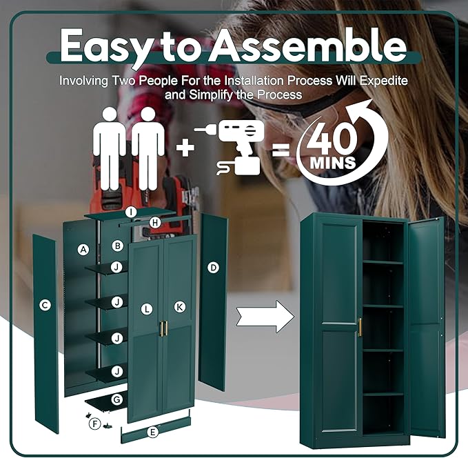 71" Storage Cabinet, Metal Pantry Cabinet, Kitchen Pantry Storage Cabinets with Doors and 4 Shelves, Cabinets for Laundry Room, Living Room, Dinning Room, Assembly Required, Green