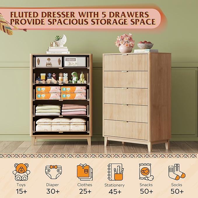 WLIVE Fluted Dresser for Bedroom with 5 Drawers, 46.26" Tall Wood Dresser with Golden Metal Handles, Mid Century Modern Chest of Drawers for Living Room, Hallway, Closet, Natural Oak