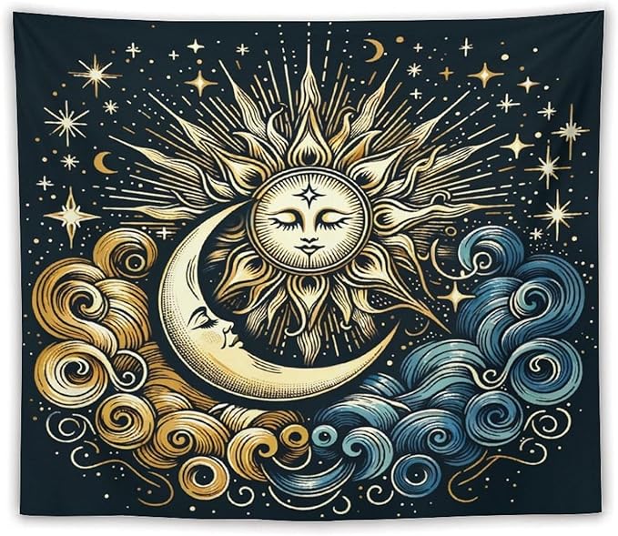 HZOHNAGO Sun Moon Tapestry Boho Golden Stars Pattern Printed Wall Tapestry Wall Hanging for Bedroom Living Room Dorm 60" W x 50" H