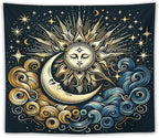 HZOHNAGO Sun Moon Tapestry Boho Golden Stars Pattern Printed Wall Tapestry Wall Hanging for Bedroom Living Room Dorm 60" W x 50" H