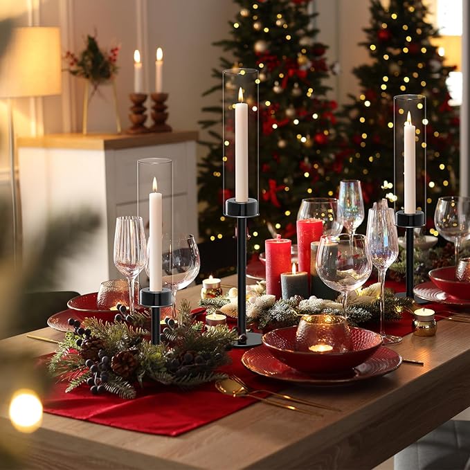 Black Hurricane Candle Holders Set of 6, Tall Metal & Windproof Glass Taper Candle Holders, Outdoor/Indoor Table Centerpieces for Weddings, Christmas, Parties, Fireplace Decor