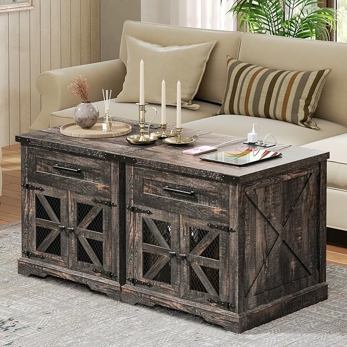 Farmhouse End Table Set of 2, 24" Large Sofa Side Table with Drawer, Large End Table for Living Room, Wooden Nightstand with Charging Station, Square, Dark Rustic Oak