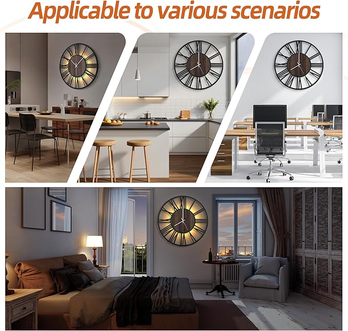 LEIKE Large Wall Clocks with Night Light Battery Operated,Silent Non Ticking,Rustic Modern Big Wood Clock for Living Room, Bedroom,Kitchen,Farmhouse,Office,Home Decor-20 Inch(Roman Numerals)