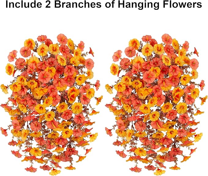 Ivydale 2 PCS Artificial Fall Hanging Flowers Fake Petunias Outdoor, Silk Faux Morning Glory Flowers with Eucalyptus,UV Resistant Realistic Mums Plants for Home Garden Decor (Fall Orange+Yellow)