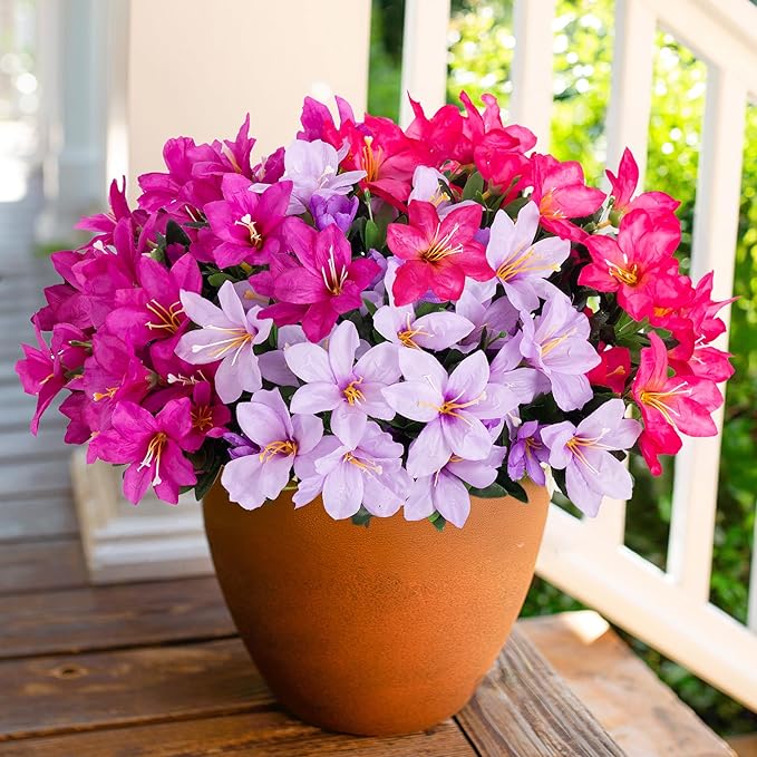 Artificial Flowers for Outdoors, 3 Bundles Fake Silk Azalea Bouquet Faux Flower Plants Outside Decor UV Resistant Realistic Colorful Fake Flowers for Planter Front Door Patio Garden Walkways Home, Mix