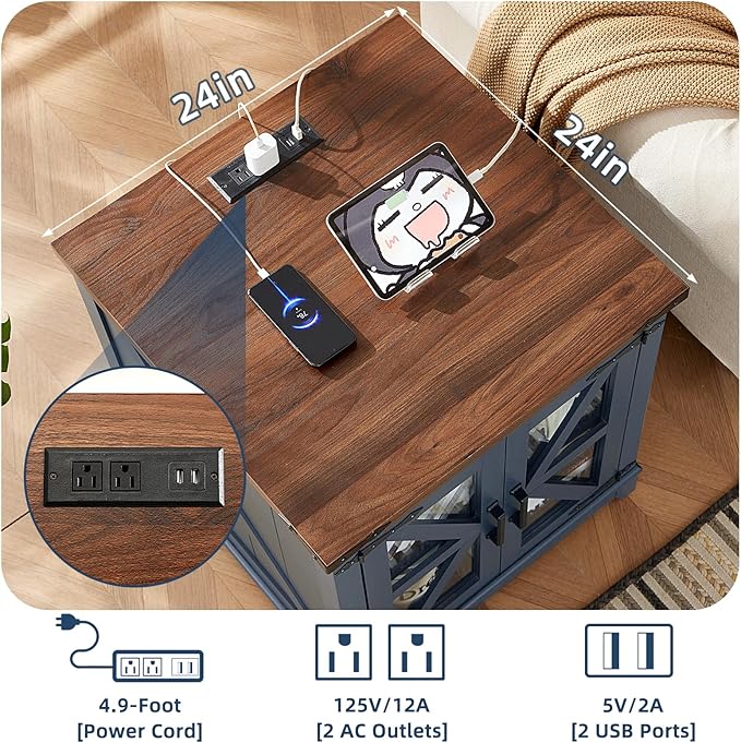 Farmhouse End Table with Charging Station, 24" Large Sofa Side Table with Glass Barn Door, Blue Nightstand with Adjustable Storage Shelf,Wood Square Bedside Table for Living Room,Bedroom
