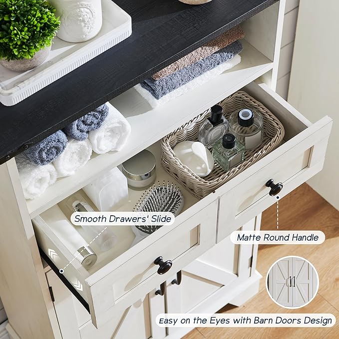 Bathroom Floor Cabinet, Farmhouse Storage Cabinet, 24" Wide Cabinet with Drawer, Adjustable Shelf, Barn Doors, Cabinets for Bathroom, Kitchen, Living Room, Off White