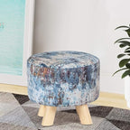 Asense Small Round Ottoman Foot Rest Stool Linen Padded Seat Footstool Ottoman with Anti-Slip Wooden Legs (Assorted Blue,Linen)