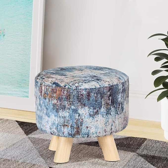 Asense Small Round Ottoman Foot Rest Stool Linen Padded Seat Footstool Ottoman with Anti-Slip Wooden Legs (Assorted Blue,Linen)