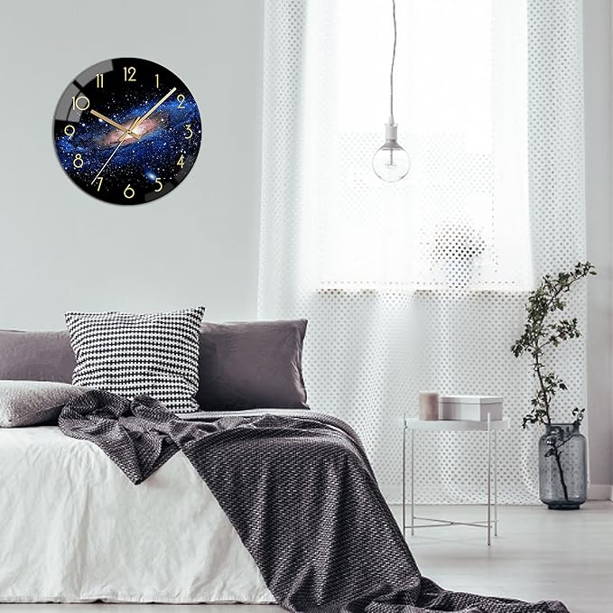 VIKMARI Black Wall Clock 12 Inch Round Silent Non-Ticking Quartz Battery Operated Wall Clocks Glass Night Sky Pattern Decorative Arabic Numerial Clock for Kitchen Living Room Dining Room and Bedroom