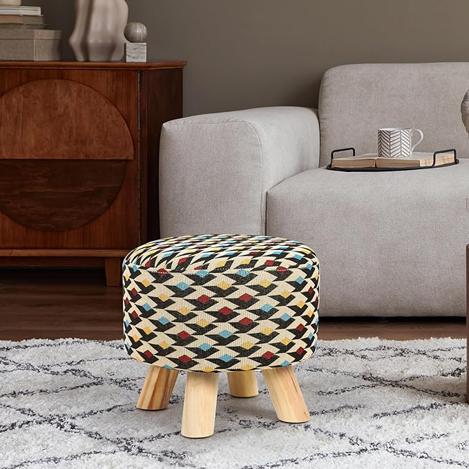 Asense Small Round Ottoman Foot Rest Stool Fabric Padded Seat Footstool Ottoman with Anti-Slip Wooden Legs (Multi-Color,Fabric)