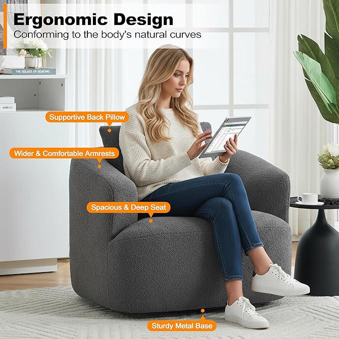 Luxlen Swivel Accent Chair with Pillow for Living Room, Teddy Fleece Upholstered Single Sofa, 360° Rotating Barrel Chair with Metal Base for Bedroom, Office, Apartment - Dark Gray