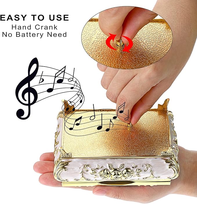 ELLDOO Vintage Music Box, Beige Metal Musical Jewelry Box Keepsake Box, Small Trinket Jewelry Storage Box Gift for Girl Women (Tune: You are My Sunshine)