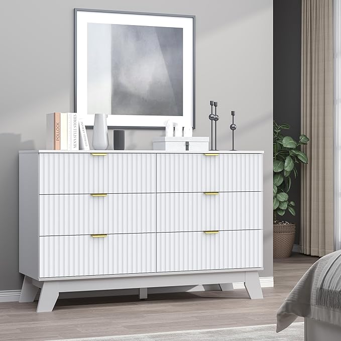 Fluted 6 Drawer Dresser, 47.2" Wide Modern Boho Chest of Drawers, Wooden Storage Dresser TV Stand for Bedroom, Living Room, Closet, Hallway, Curved Profile Design