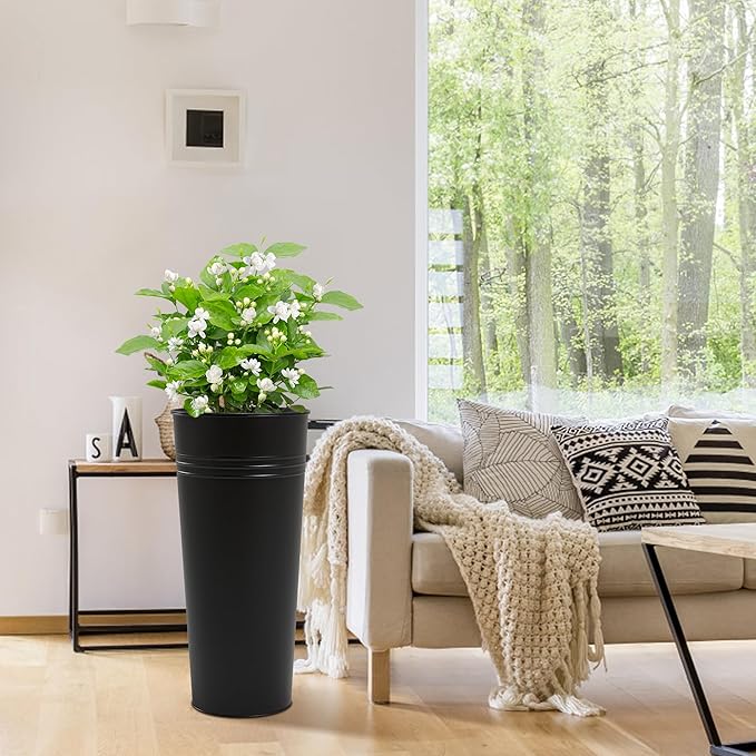 KOL 28'' Tall Galvanized Steel Planter Pot - Flower Pot with Water Level Indicator for Plants - 2-Pack Self Watering Planters - Round Black Powder Metal Planter Box - Indoor Outdoor Grande Plant