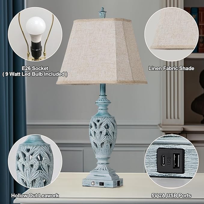 29.5"H Touch Control Traditional Table Lamp Set of 2,Vintage Bedside Lamp Nightstand Lamps with Dual USB Ports,3-Way Dimmable Hollow Out Leafwork Blue Washed Finish Desk Lamps for Living Room,Bedroom
