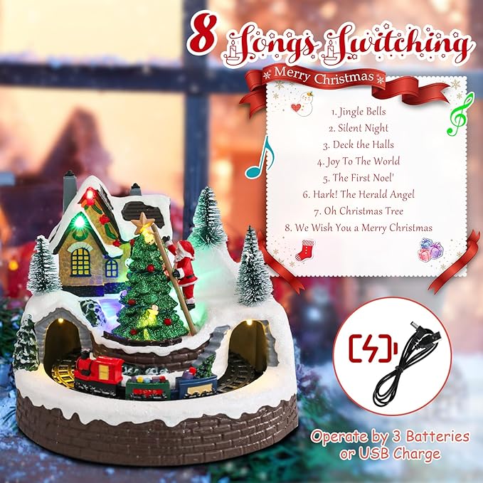 taman Christmas Village Houses Collectible Buildings - Moving Train Around The Christmas Tree,Warm Light Musical Ornaments for Holiday Decorations
