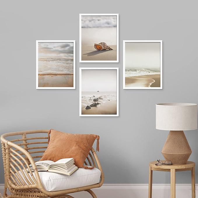 SIGNWIN Framed White Minimal Beach Shore Ocean Sea Seashell Wall Art, Set of 4 Landscape Colorful Wall Decor Prints, Nature Wilderness Wall Décor for Living Room, Bedroom - 8"x10" White