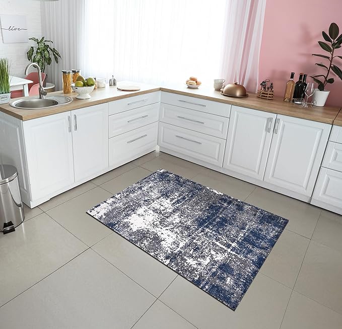Keen Home Design Area Rugs - 3x5 Non-Shedding, Abstract Rugs for Kitchen, Living Room, Bedroom, Dining Room, Entryway - Size: 3' x 5', Navy/Grey/White