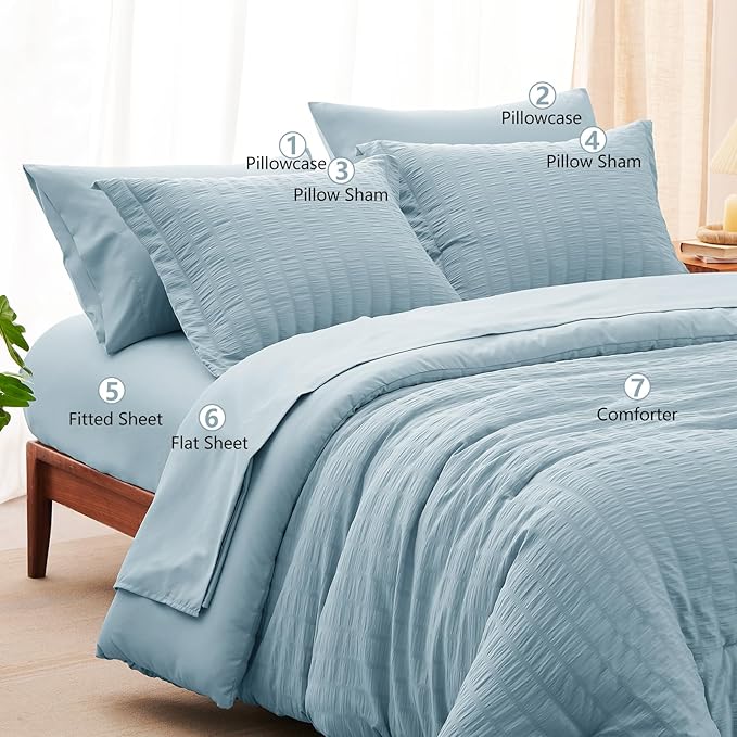 CozyLux Queen Comforter Set Light Blue Seersucker 7 Pieces Bed in a Bag Queen Comforter Set with Sheets Luxury Soft Bedding Set with Down Alternative Comforter, Sheets, Pillowcases & Shams All Seasons