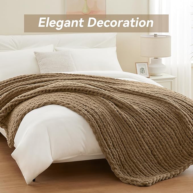 Chunky Knit Throw Blanket, 30''*40'' Knitted Throw Chenille Yarn for Bed Couch, Handmade Light Brown Crochet Big Thick Blanket, Machine Washable Cute Comfy Blanket for Home Decor