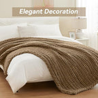 Chunky Knit Throw Blanket, 60''*80'' Knitted Throw Chenille Yarn for Bed Couch, Handmade Light Brown Crochet Big Thick Blanket, Machine Washable Cute Comfy Blanket for Home Decor