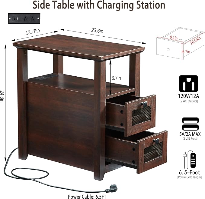 Farmhouse XXL End Table with Charging Station, Narrow Side Table with USB Ports and Outlets, Nightstand with 2 Drawers Storage, Bedside Tables for Living Room, Bedroom, Rustic Cherry