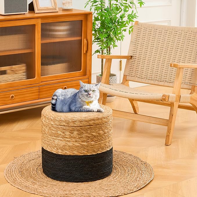 Wimarsbon Storage Pouf Ottoman, Hand Weaving Natural Straw Foot Stool, Bohemian Round Patio Ottomans, Rustic Lounge Pouffe, Outdoor Extra Seat for Garden