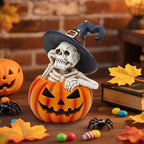 Skeleton Halloween Indoor Decoration: 6.1'' Witch Hat Skeleton Ornament with Solar Pumpkin for Home Fireplace Office Party Perfect Figurine Gift for Gothic Lovers