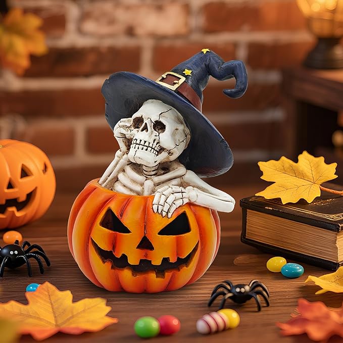 Skeleton Halloween Indoor Decoration: 6.1'' Witch Hat Skeleton Ornament with Solar Pumpkin for Home Fireplace Office Party Perfect Figurine Gift for Gothic Lovers