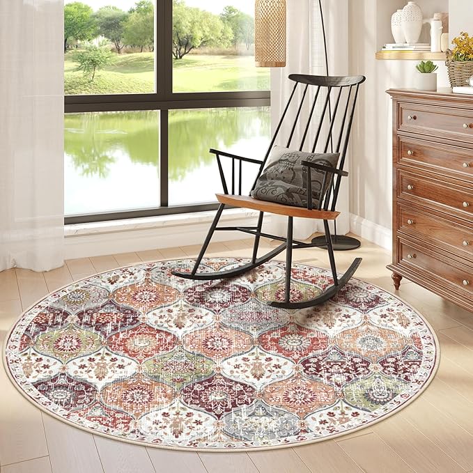 Lahome Moroccan Trellis Washable Round Area Rug, Soft Round Rugs 6ft Ultra-Thin Non-Slip, Vintage Large Circle Carpet for Bedroom Living Room Kitchen Nursery, Orange/Terracotta