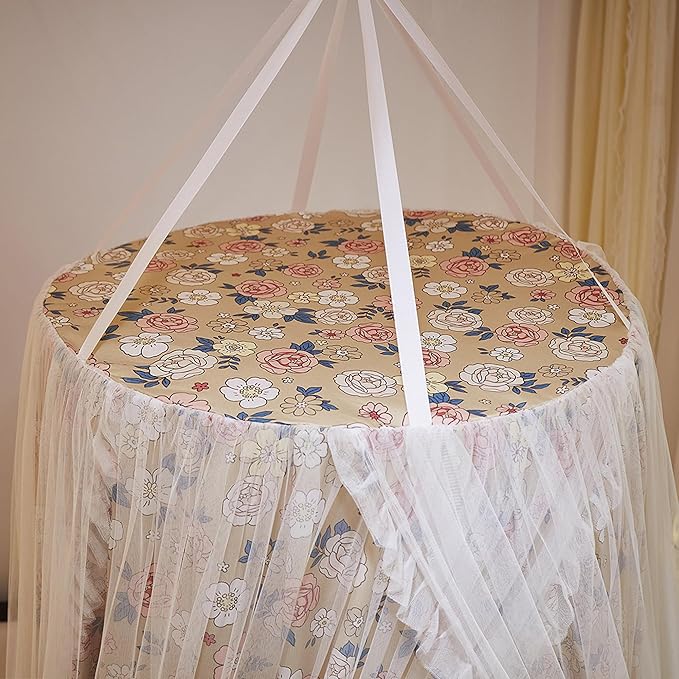 VETHIN Double Layer Princess Round Dome Canopy Bed Curtain for Girls Adults,Children Dreamy Mosquito Net,Cute Bedroom Decoration Castle Play Tent Reading Nook Canopies (Flowers/White)