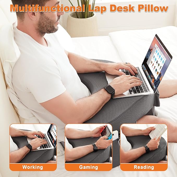 Lap Desk Pillow for Laptop, Reading Pillow for Gaming with Pockets, Soft Lap Desk for Couch, Memory Foam Laptop Pillow for Working, Crocheting or Sitting in Bed Sofa(Dark Grey)