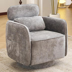 Modern 360° Grey Swivel Accent Chair with Adjustable Headrest, Chenille Accent Chair for Living Room, Vanity Chair for Makeup, Swivel Barrel Chair with Lumbar Pillow, Comfy Barrel Armchair, Grey