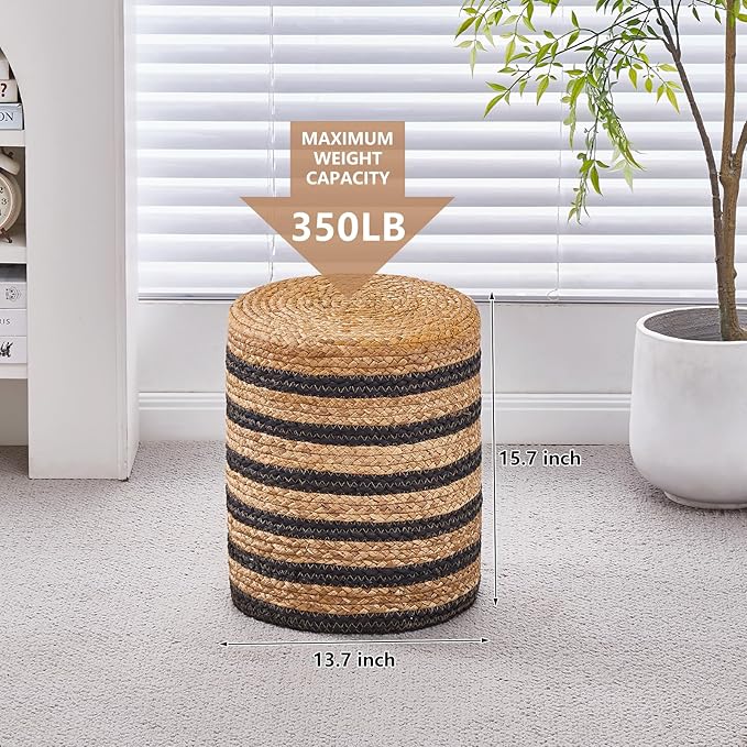 Wimarsbon Ottoman Natural Seagrass Foot Rest Stool Hand Weave Round Foot Stool Pouf Boho Vanity Stools with Non-Skid Mat for Living Room Bedroom Hallway