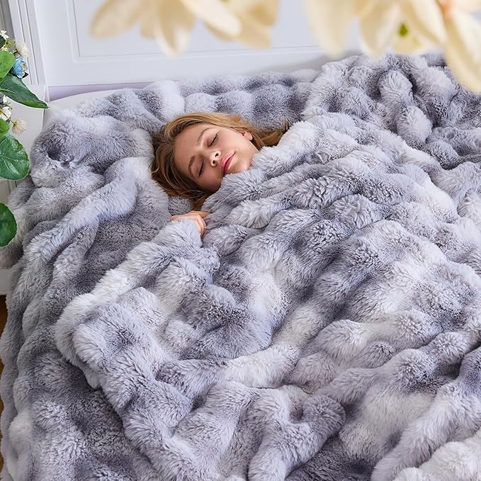 Lotus Karen Queen Size Faux Fur Blanket Tie-Dye Gray - Big Bubble Rabbit Fluff Throw for Bed Large Fluffy Fuzzy Cozy Thick Furry Plush Shaggy Blankets for Men 90x90 Inches