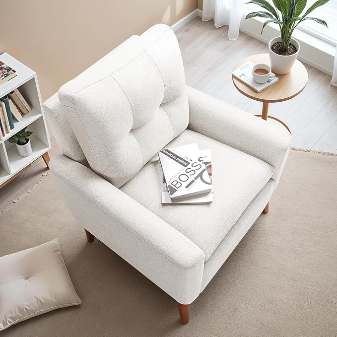 JUMMICO Mid Century Accent Chair, Fabric Modern Reading Living Room Chair, Fluffy Comfy Armchair Small Sofa Chair with Wood Legs for Bedroom Office Cafe, Set of 2 (Pure White)