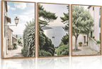 Aurlan Neutral Italy Cityscape Gallery Framed Wall Art(16"x24"), 3PCS Vintage Mediterranean Countryside Landscape Canvas Artwork, Large Town Coast Streets Travel Decor Prints for Office Home