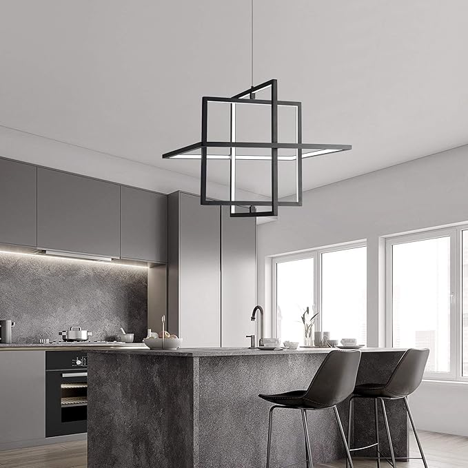 Modern LED Chandelier Led Pendant Light Square Contemporary Chandelier Hanging Light Dimmable for Living Room, Dining Room, Bedroom, Kitchen, Stydy Room 90W 6000K Cool Light (Black)