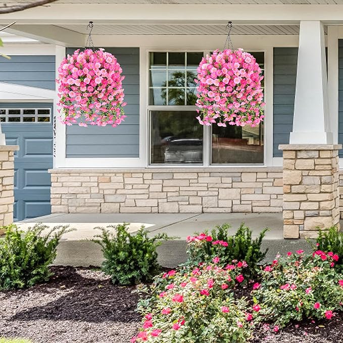 Ivydale 2 PCS Artificial Hanging Flowers Fake Plants Outdoor,Silk Morning Glory Faux Flowers with Eucalyptus Leaves,UV Resistant Realistic Hanging Plants for Home Garden Decor (Pink+Light Pink)