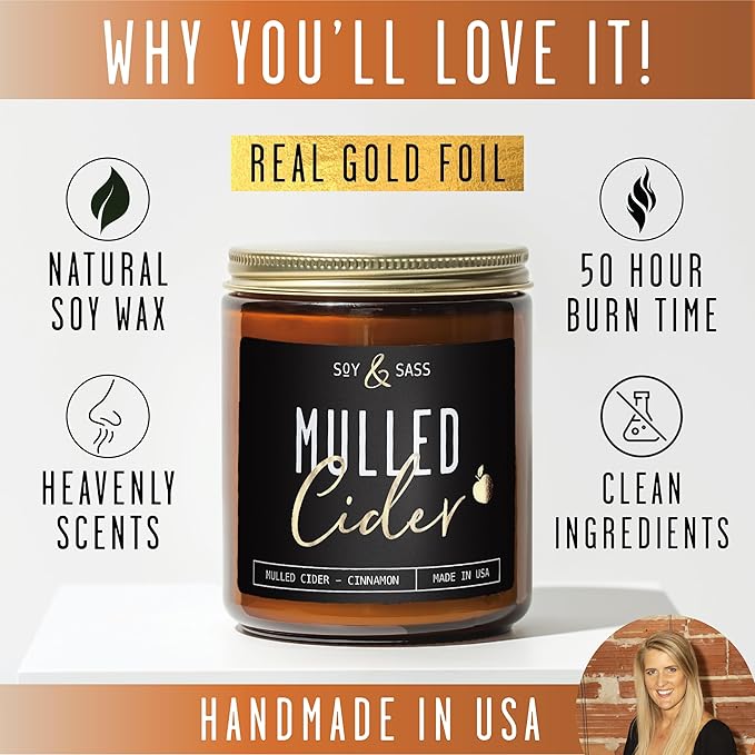 Mulled Cider Candle, Fall Candles I Apple Cider Candle w/Cinnamon & Nutmeg - Infused w/Essential Oils I Mulled Cider Fall Scented Candles (Soy) for Home I 9oz Reusable Jar I 50Hr Burn I Made in USA